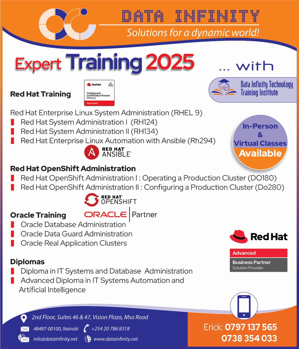 DataInfinityLi1's tweet image. Looking to level up in Linux, Automation, or Database Administration? At Data Infinity Limited, we’ve got you covered!
Register datainfinity.net/course-registr…
#RedHatTraining
#Enterprise
#linux
#redhat
#OracleTraining
#ITCertifications
#CloudComputing
#CareerGrowth
#TechTraining