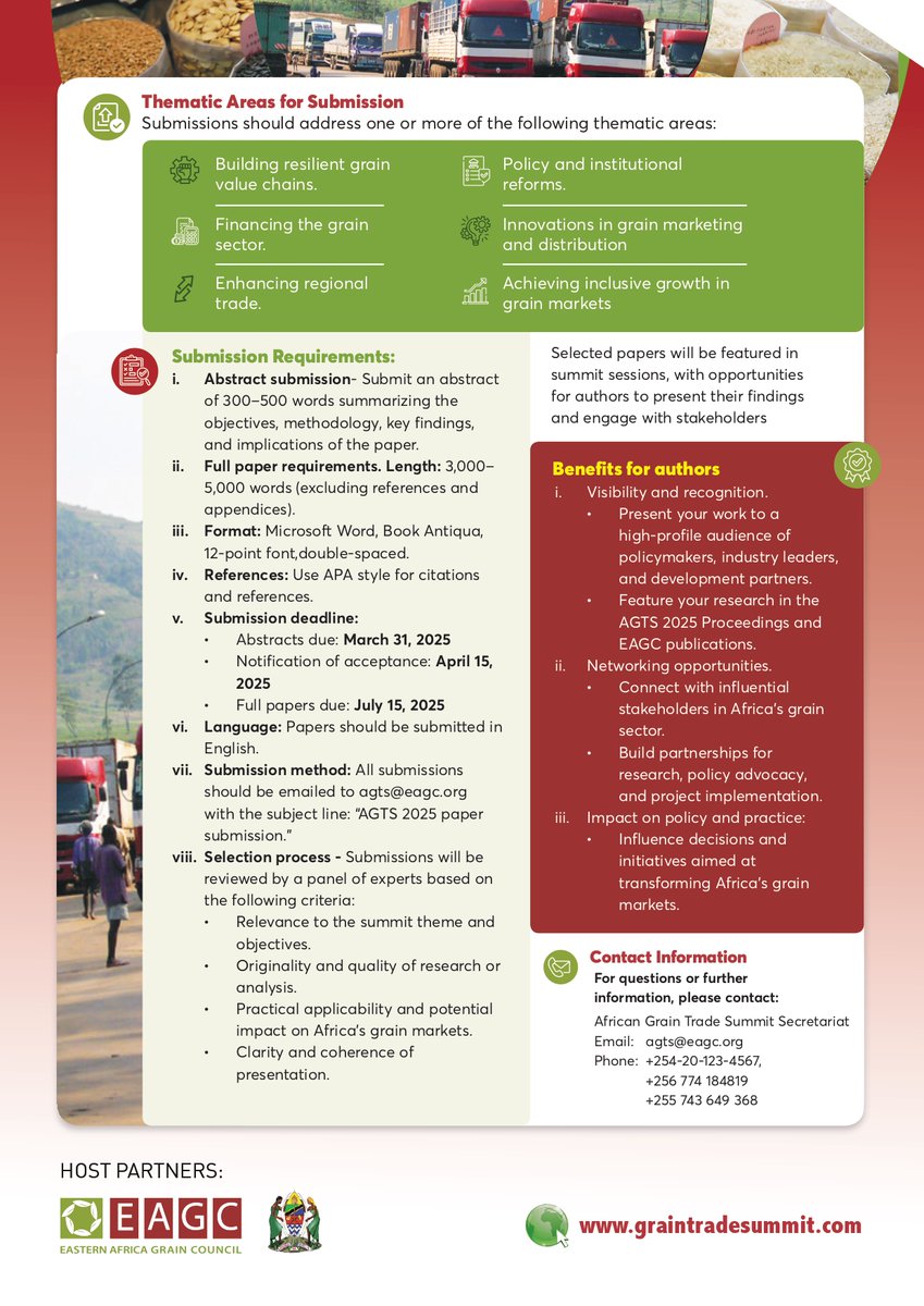 Call for Papers

Are you a researcher, industry expert, or policymaker with insights into Africa’s grain sector? The African Grain Trade Summit 2025 invites paper submissions under the theme: "Resilient Grain Markets: Unlocking Africa’s Food Security Potential."

More details 👇