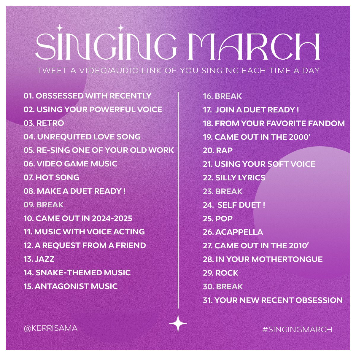 The #SingingMarch event is starting on Saturday, march the 1st ! You can find all the optional prompts in the following picture (thanks <a href="/ManoahTanghe/">Manoaaah_</a>
for the picture editing 💞) You can find more info below ! I'll answer any additional question ~