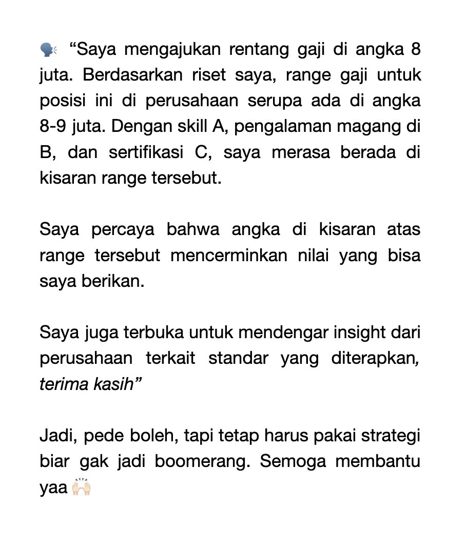 DeallsJobs's tweet image. Gak salah dong, nawar gaji itu emang hak kandidat. Tapi, nawar gaji emang harus pakai strategi biar gak jadi bumerang 😉

Mindealls coba kasih tipsnya yaa ⬇️

✅ Riset
➡️ Cek standar gaji di industri &amp;amp; lokasi kamu
Source: Glassdoor, LinkedIn Salary, atau tanya komunitas

✅ Value…