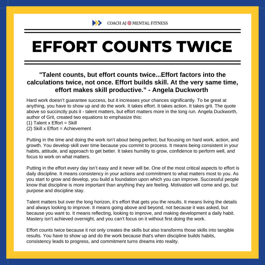 Talent opens door.
Grit and effort keep them open.

The research on grit found ONE UNDENIABLE TRUTH:

Effort counts twice.

Here’s why grit starts with your work ethic, habits, and consistency:👇