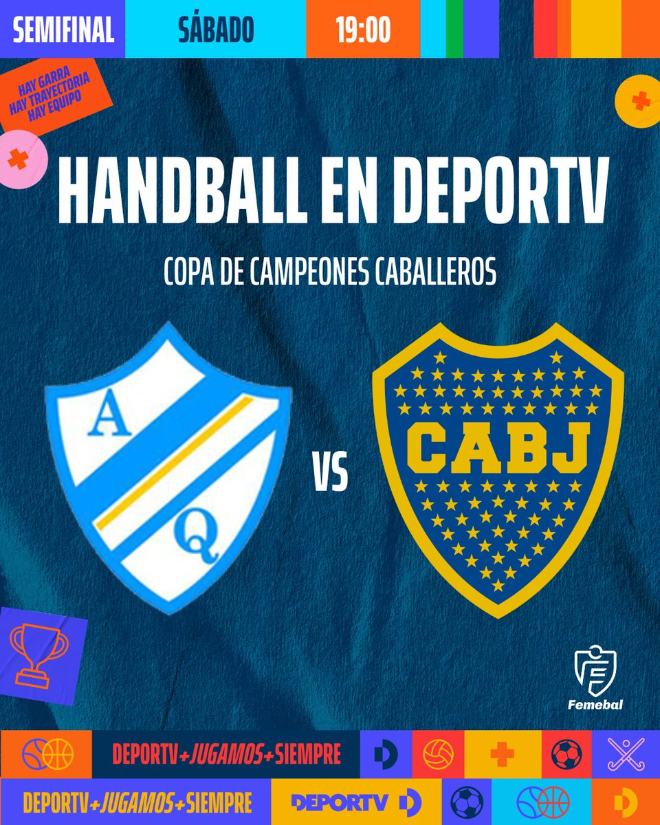 SÁBADO. #HANDBALLenDEPORTV! 🤾‍♂️

🏆Copa de Campeones Caballeros - Semifinales
⏰ 19:00

👕Argentino de Quilmes🆚Boca Jrs.

📺¡En vivo por la pantalla de DEPORTV!