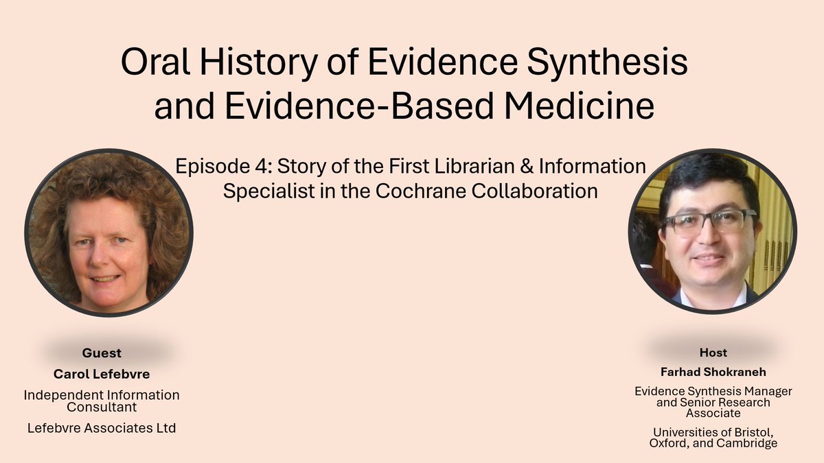 See the interview with Carol Lefebvre, the 1st Librarian and Information Specialist in the Cochrane Collaboration.

Please support the series with a Subscription to the YouTube channel: youtu.be/B94VgBNc8gM

#SystematicReviews #SearchStrategy #ML #AI
@cochranecollab