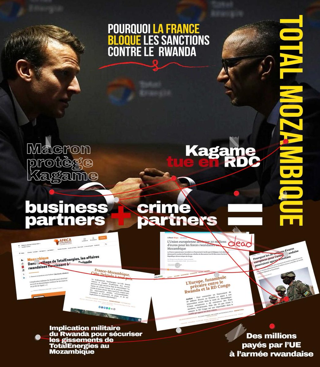 LitsaniChoukran's tweet image. Macron est l’élastique qui maintient en place les dessous sales de Kagame, entraînant malgré elle, toute la France avec lui dans cette compromission. L’origine des blocages sur les sanctions trouve ses racines dans les deals liés aux gisements de TotalEnergies au Mozambique. À…