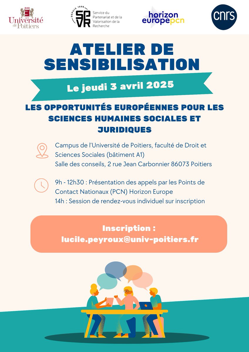 SPVR - Poitiers (@spvr_poitiers) on Twitter photo {Évènement}
Nous organisons avec les <a href="/pcn_shs/">PCN Culture, créativité, société inclusive #HEU</a> et <a href="/PCN_ERC_France/">PCN ERC France</a> un atelier Horizon Europe #SHS et #Droit
Pour comprendre les appels à projets européens et les opportunités pour y parvenir, rendez-vous le 3 avril au A1 sur le campus de l'<a href="/UnivPoitiers/">Université de Poitiers</a>
Inscription requise 📋 {Évènement}
Nous organisons avec les <a href="/pcn_shs/">PCN Culture, créativité, société inclusive #HEU</a> et <a href="/PCN_ERC_France/">PCN ERC France</a> un atelier Horizon Europe #SHS et #Droit
Pour comprendre les appels à projets européens et les opportunités pour y parvenir, rendez-vous le 3 avril au A1 sur le campus de l'<a href="/UnivPoitiers/">Université de Poitiers</a>
Inscription requise 📋