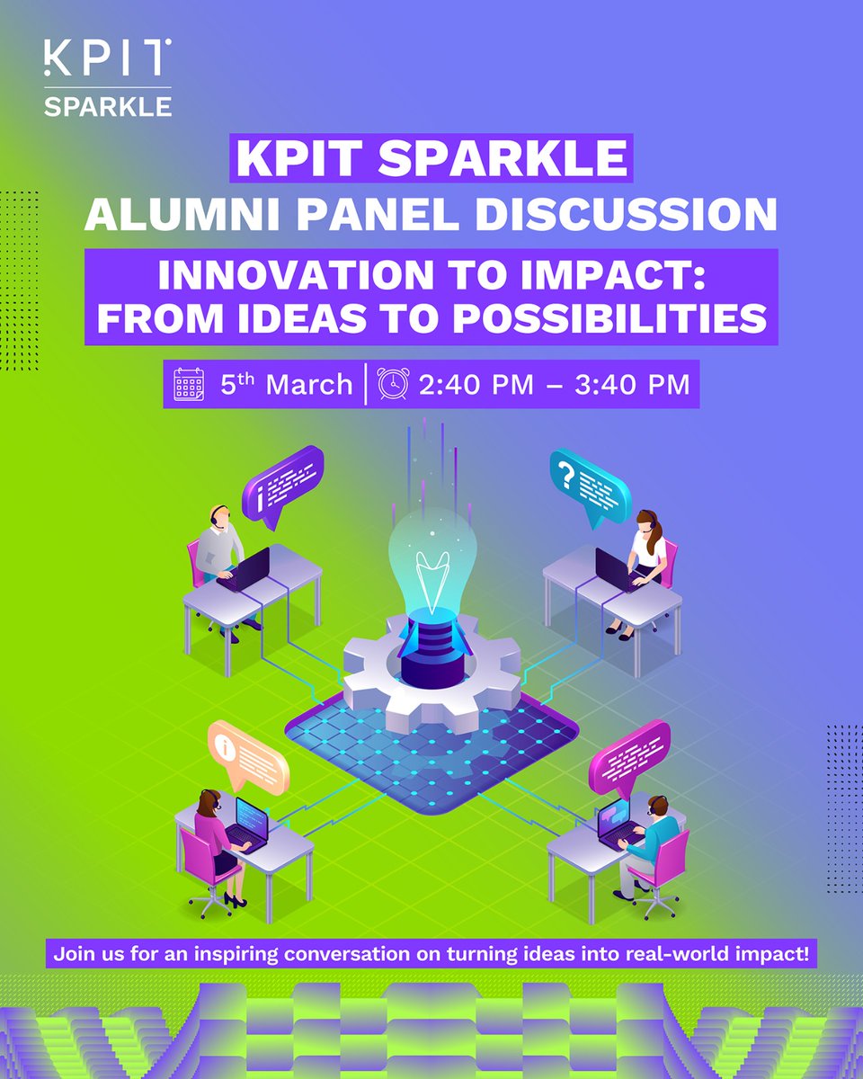 From innovative ideas to real-world impact—the KPIT Sparkle journey continues!  We’re thrilled to invite you to a special KPIT Sparkle Alumni Panel Discussion featuring five inspiring innovators!
Date: 5th March
Time: 2:40 PM – 3:40 PM
Platform: sparkle.kpit.com/Finale2025Live…