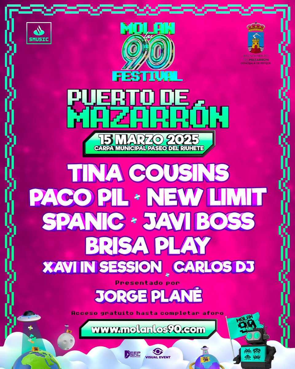 ¡Molan los 90 llega a Puerto de Mazarrón el 15 de marzo 2025! 🎶 Con artistas como Tina Cousins, Paco Pil y Javi Boss, revive los mejores hits de los 90. ¡Entrada gratuita hasta completar aforo! 🎤💥 ¡No faltes! #MolanLos90 #PlanetaryTour