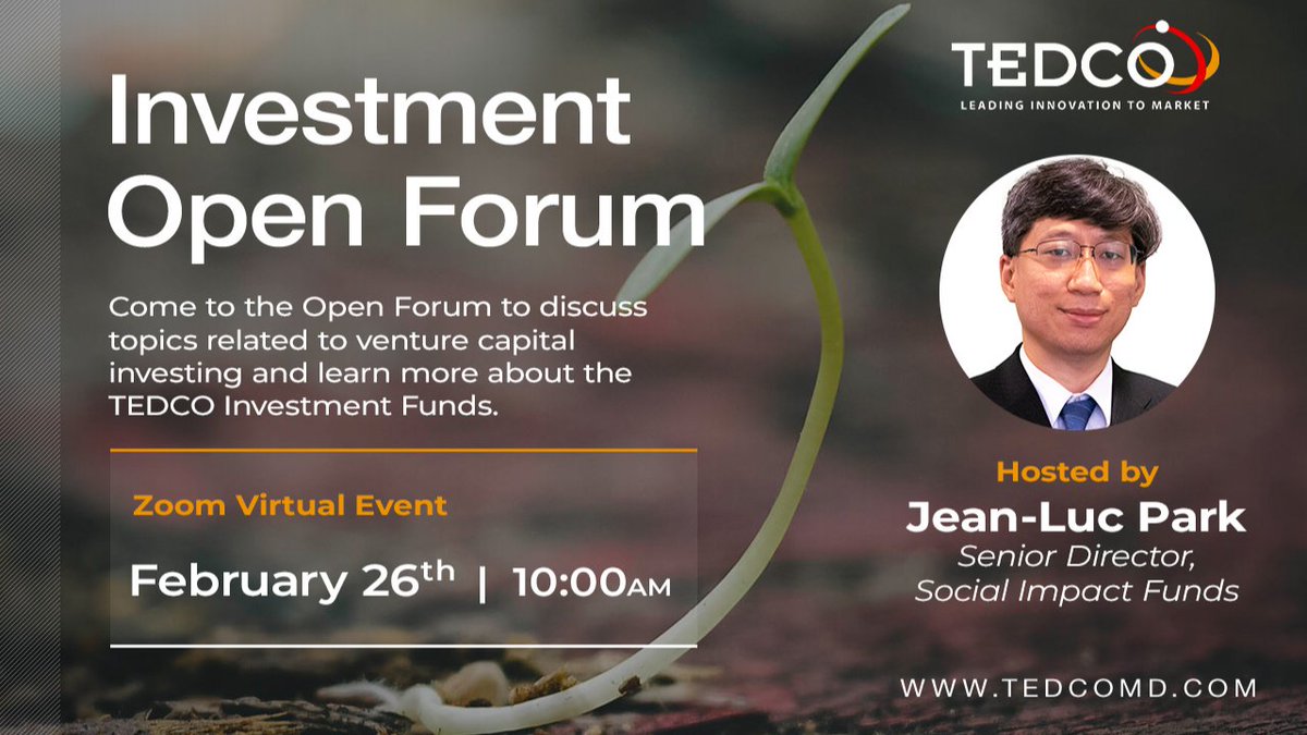 #TEDCO offers several investment programs designed to support the growth &amp; development of your early-stage business. Join our FREE monthly #Investment Open #Forum to explore <a href="/MDTEDCO/">TEDCO</a>’s funding opportunities, business resources, &amp; more! Register today at us06web.zoom.us/meeting/regist….