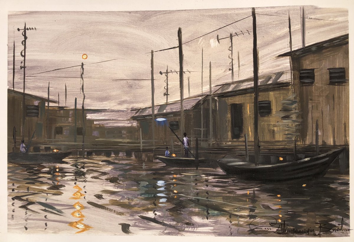 AkinsemoyinBas2's tweet photo. Description : 
Twilight descends on the harbor, painting the water with shimmering gold as the day fades.
#goldenhour
#artistsoninstagram 
#instagram 
#explore 
#explorepage
#explorepage✨ 
#oilpainting 
#africanart 
#modernart 
#contempraryart https://t.co/31lFylI9jM