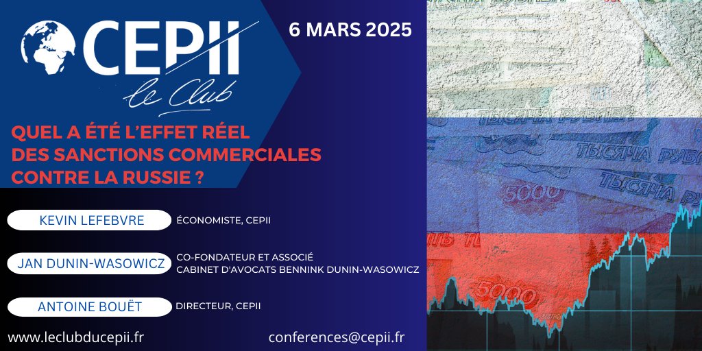 𝟲 𝗺𝗮𝗿𝘀 𝟮𝟬𝟮𝟱 Quel a été l’effet réel des #sanctions commerciales contre la Russie? Participez à cette discussion avec K.Lefebvre, <a href="/emlinger_cha/">Charlotte Emlinger</a>, auteurs du Policy Brief "Working Around Sanctions. What Cost to Russia?" et Jan Dunin-Wasowicz, avocat.
leclubducepii.fr/20250306-russi…