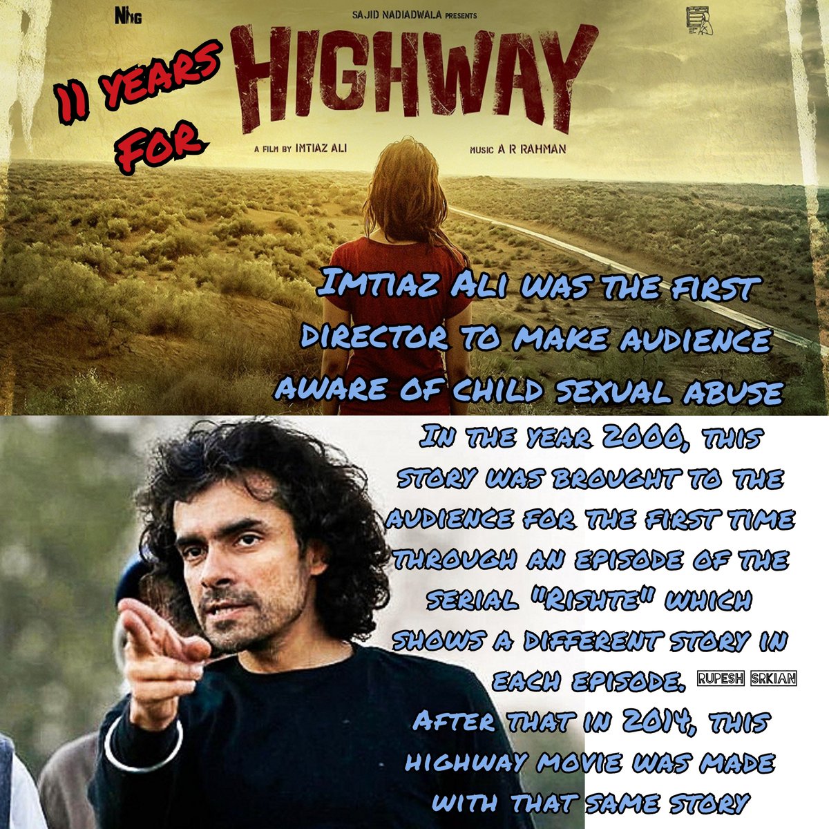 rupesh_Kakinada's tweet photo. #11YearsofHighway
Directed by God of pure art #ImtiazAli
Kuch filmein dimaag lagaakar dekhi jaathi hai
Kuch filmein Dil ko choojaathi hai
Lekin Imtiaz Ali ki filmein Rooh ko choolethi hai #AliaBhatt #RandeepHooda https://t.co/eJj1w8ktQr