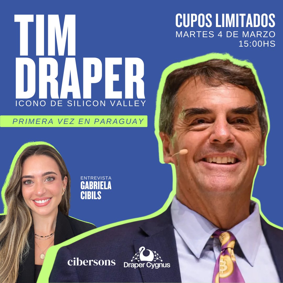 Viene el legendario <a href="/TimDraper/">Tim Draper</a>  por primera vez a #Paraguay 🇵🇾

Veni conocelo de primera mano en esta entrevista!

🗓️ MARTES 04 de MARZO
⏰ 15:00hs
📍 CUPOS LIMITADOS

Reserva tu lugar para el épico encuentro con Tim: bit.ly/DraperParaguay

Invitan <a href="/Cibersons_/">Cibersons</a>  &amp; <a href="/DraperCygnus/">DraperCygnus</a>