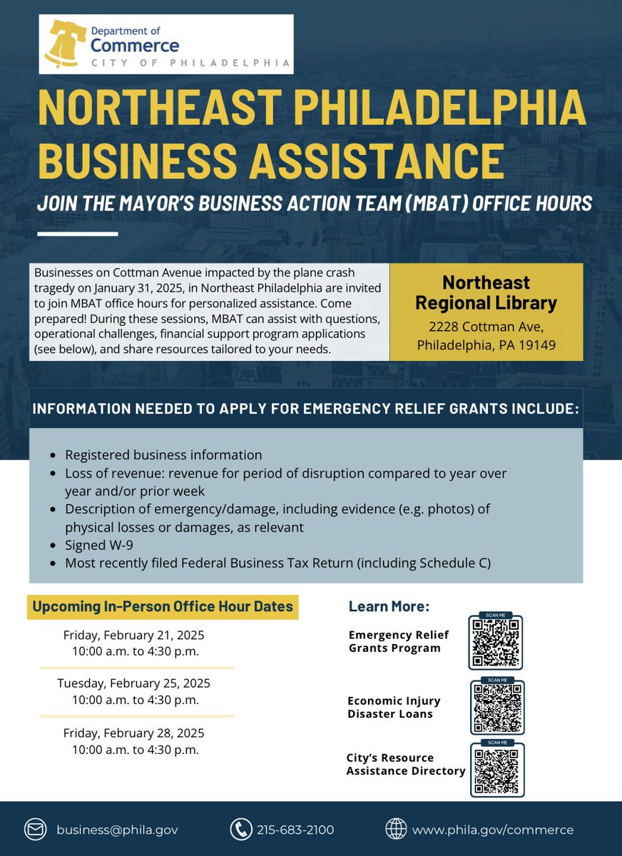The Mayor’s Business Action Team is here to support businesses affected by the recent plane crash. Join our office hours and apply for emergency relief grants: 

🗓️February 21, 25, 28 
🕙 10 a.m. - 4:30 p.m.
📍 Northeast Regional Library

Learn more: bit.ly/4hJ6zm