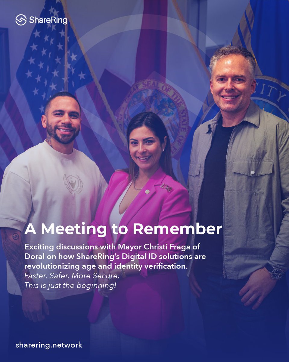 SHR_Business's tweet image. Great meeting with Mayor Christi Fraga of Doral! 🚀 ShareRing’s Digital ID is changing age and identity verification—faster, safer, and more secure.

Download ShareRing Me and join the future of digital ID! 🌐

#digitalid #innovation #secureidentity #ageverification #digitalme