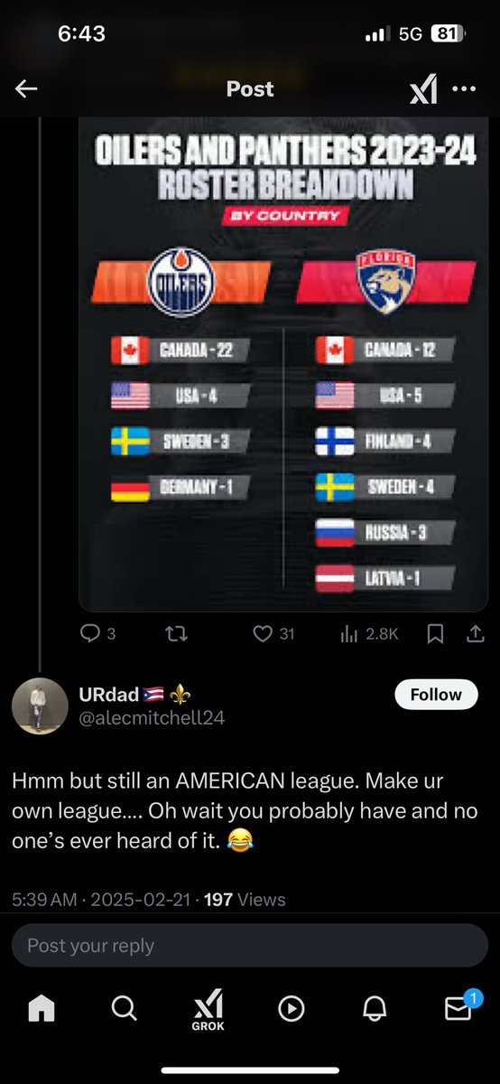 HittingVibes's tweet photo. American knowledge of shit they don’t know wrapped up in one small package, thinking NHL stands for an American League is wild. Not everything belongs to you guys 😂 https://t.co/xF5lcU9HYR