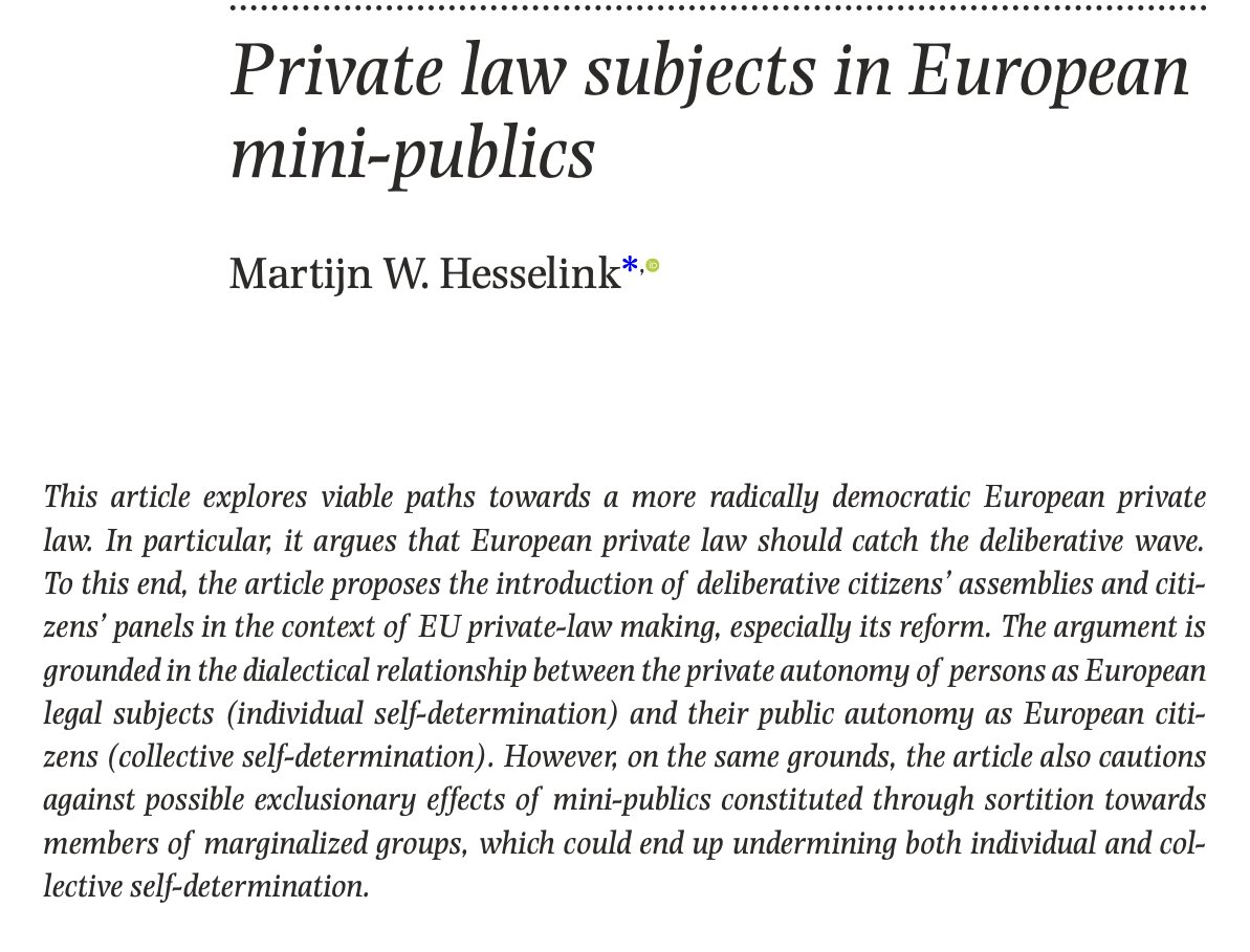 International Journal of Constitutional Law (@icon_journal) on Twitter photo How can we democratize European private law?
Martijn Hesselink (<a href="/eui_law/">EUI Law Department</a>) argues that deliberative citizens' assemblies and panels in the context of EU private law may be the way forward.
Available here!
academic.oup.com/icon/advance-aā¦
Enjoy! How can we democratize European private law?
Martijn Hesselink (<a href="/eui_law/">EUI Law Department</a>) argues that deliberative citizens' assemblies and panels in the context of EU private law may be the way forward.
Available here!
academic.oup.com/icon/advance-aā¦
Enjoy!