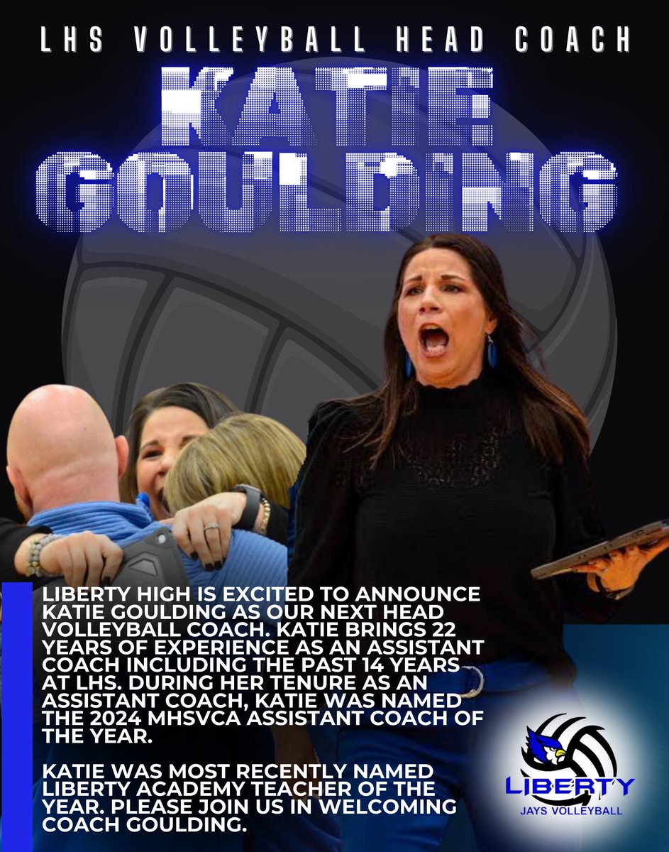 Liberty HS Athletics (@lhsbluejays) on Twitter photo Liberty High School is excited to announce the hiring of Katie Goulding as our next Head Volleyball Coach!! GO JAYS!!! <a href="/LHSJAYS/">Liberty High School</a> <a href="/jaysvb/">LHS Volleyball</a> <a href="/LIBERTYSCHOOLS/">LPS53</a> <a href="/metrosports_mk/">Metro Sports MoKan</a> <a href="/PrepDigMO/">Prep Dig Missouri</a> <a href="/mhsvca/">MO VB Coaches</a> <a href="/myCTsports/">CourierTribuneSports</a> <a href="/LibAcademy/">Liberty Academy</a> Liberty High School is excited to announce the hiring of Katie Goulding as our next Head Volleyball Coach!! GO JAYS!!! <a href="/LHSJAYS/">Liberty High School</a> <a href="/jaysvb/">LHS Volleyball</a> <a href="/LIBERTYSCHOOLS/">LPS53</a> <a href="/metrosports_mk/">Metro Sports MoKan</a> <a href="/PrepDigMO/">Prep Dig Missouri</a> <a href="/mhsvca/">MO VB Coaches</a> <a href="/myCTsports/">CourierTribuneSports</a> <a href="/LibAcademy/">Liberty Academy</a>