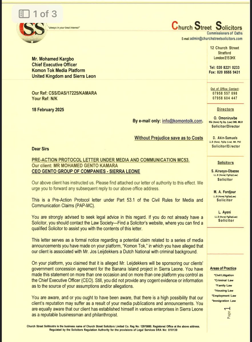 thomasd05987132's tweet photo. Gento Group of companies has started legal proceedings against @tppleone and its CEO #MohamedKargbo  both in the United Kingdom and in Sierra Leone for libelously linking #GentoGroup to Europe most wanted man 

Church Street Solicitors in the UK has already written a protocol letter asking @tppleone to either apologize or present their evidence linking #GentoGroup to  drug lord #JosLeijdekkers.

At the same time, Yada Williams and Associates  in Sierra Leone has also written to both @tppleone and its CEO #MohamedKargbo demanding same.

@UKinSierraLeone @USEmbFreetown @WilliamsYada_H