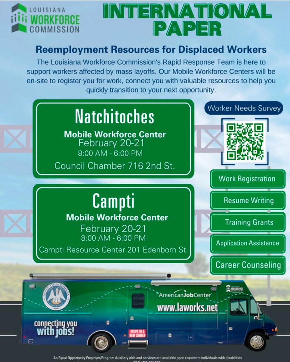LouisianaWorks's tweet image. TODAY: Our Rapid Response team and the Mobile Workforce Center will be in #Natchitoches and #Campti to assist workers affected by International Paper layoffs until 6 pm. Please click the link to participate in our survey: bit.ly/41kvM0H. #LouisianaWorks #LAWorks