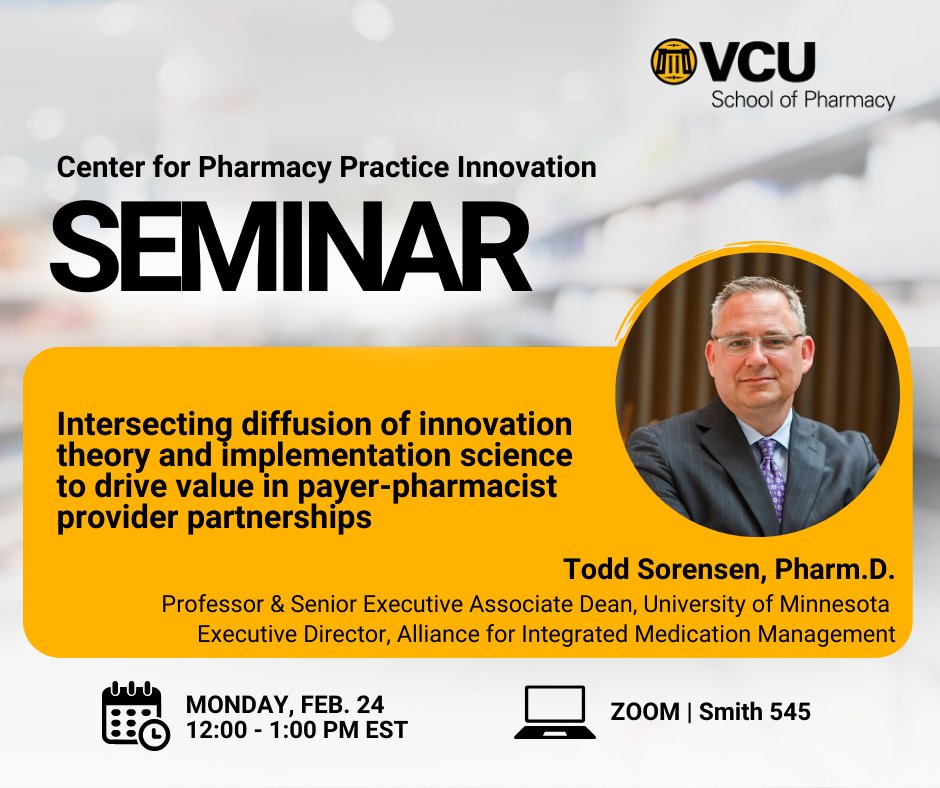 Center for Pharmacy Practice Innovation (@vcupharmacycppi) on Twitter photo Join us Monday, Feb. 24, at noon EST for our next #CPPISeminar with <a href="/tsorensenrx/">Todd Sorensen</a> from <a href="/UMNPharmacyCE/">UMN Pharmacy CE</a>.
Topic: Intersecting diffusion of innovation theory and implementation science to drive value in payer-pharmacist provider partnerships
Register: bit.ly/CPPISeminar Join us Monday, Feb. 24, at noon EST for our next #CPPISeminar with <a href="/tsorensenrx/">Todd Sorensen</a> from <a href="/UMNPharmacyCE/">UMN Pharmacy CE</a>.
Topic: Intersecting diffusion of innovation theory and implementation science to drive value in payer-pharmacist provider partnerships
Register: bit.ly/CPPISeminar