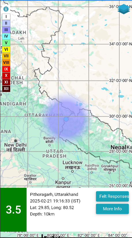 EQ of M: 3.5, On: 21/02/2025 19:16:33 IST, Lat: 29.85 N, Long: 80.52 E, Depth: 10 Km, Location: Pithoragarh, Uttarakhand. 
For more information Download the BhooKamp App 
riseq.seismo.gov.in/riseq/earthqua… 
<a href="/DrJitendraSingh/">Dr Jitendra Singh</a> 
<a href="/OfficeOfDrJS/">Office of Dr. Jitendra Singh</a> 
<a href="/Ravi_MoES/">Ravi</a>  
<a href="/Dr_Mishra1966/">Dr. O. P. Mishra</a> 
<a href="/ndmaindia/">NDMA India | राष्ट्रीय आपदा प्रबंधन प्राधिकरण 🇮🇳</a>