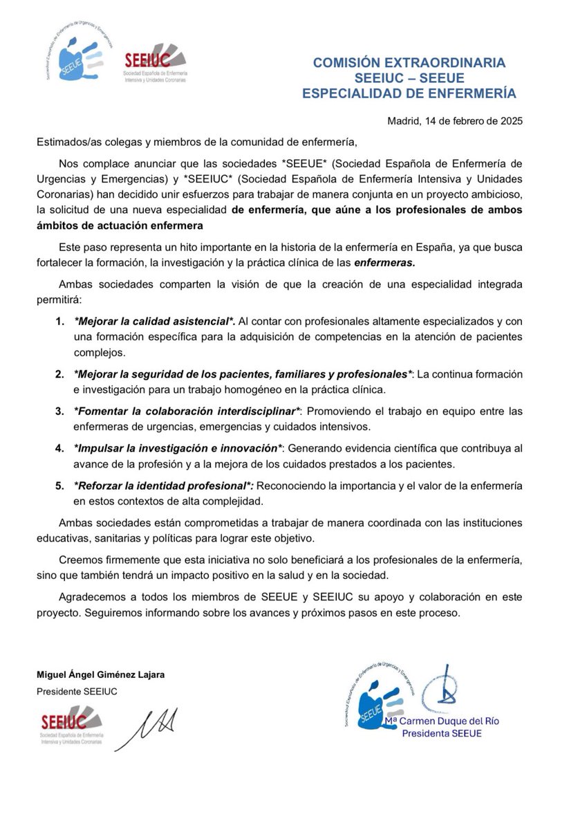 ¡Gran noticia para la enfermería en España! 🚑💙💚

Las sociedades <a href="/SEEUE_oficial/">SEEUE</a> y SEEIUC han decidido unir esfuerzos para un proyecto ambicioso: solicitar una nueva especialidad de enfermería 🏥📖

📢 Comparte y súmate a esta iniciativa.

#JuntosPorLaEspecialidad
#Avanzamos