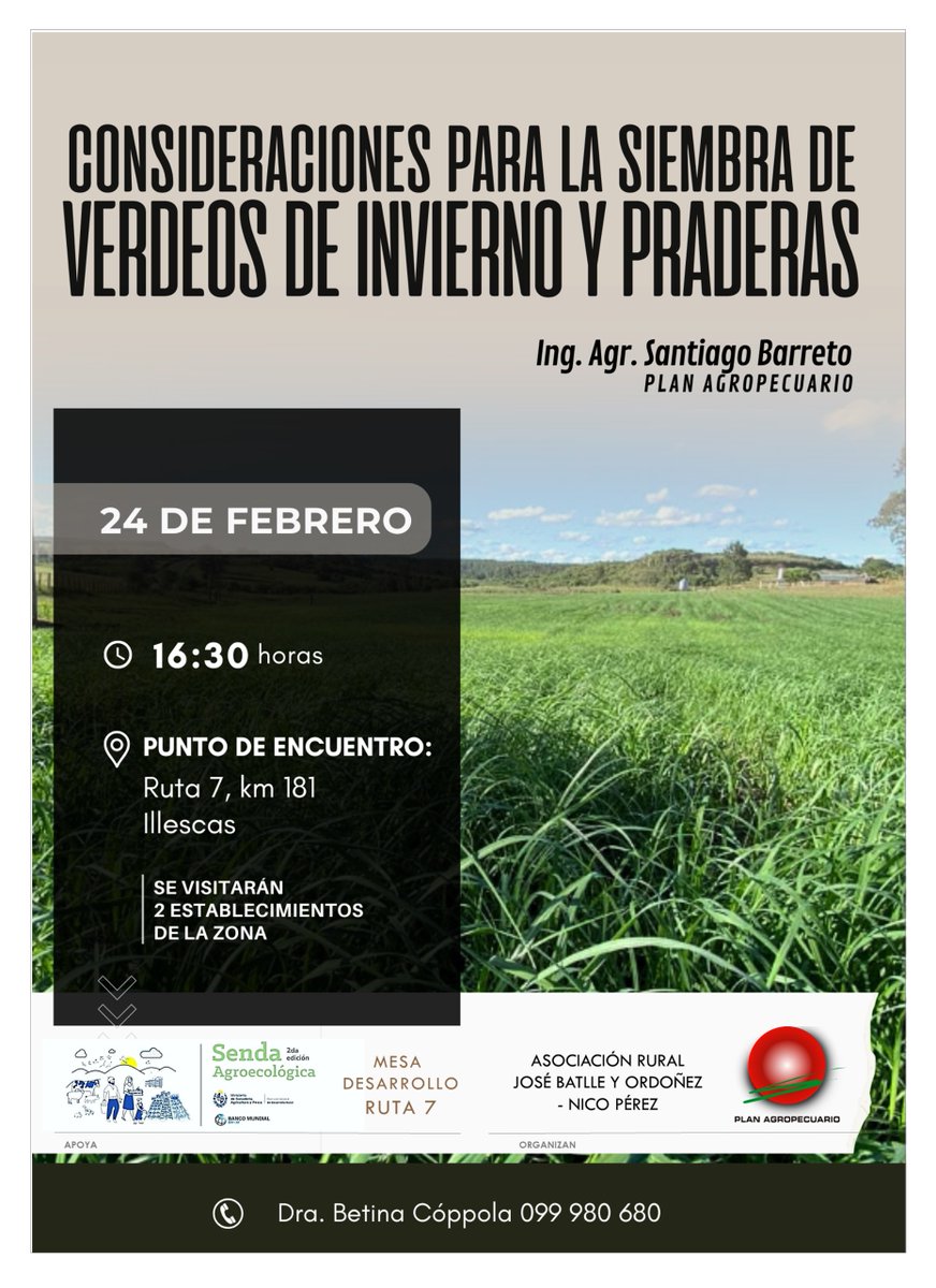 PlanAgro's tweet photo. ¡Próximo lunes!
🗓️24/2⏰16:30hs📌Illescas
Jornada "Consideraciones para la siembra de verdeos de invierno y praderas"
📌Se visitarán 2 establecimientos de la zona
🗣️Ing. Barreto
¡Te esperamos!
#SendaAgroecológica @MGAPUruguay #MDR7 #ARJByONP Dra. Cóppola #PlanAgro
➕ℹ️🖼️👇 https://t.co/66hjBViV2e