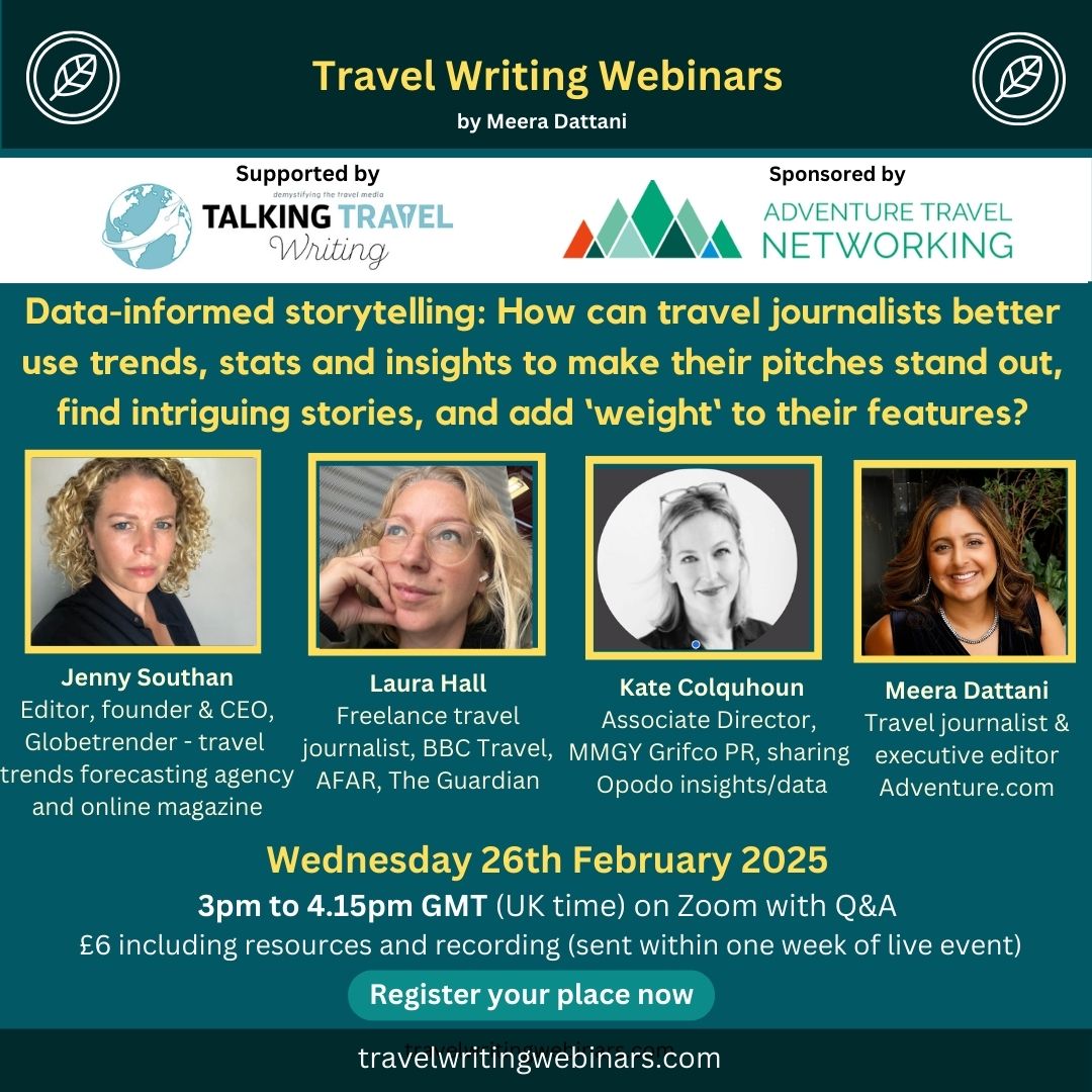Meera Dattani (@no_fixed_plans) on Twitter photo First 2025 webinar next Wed & it's a bit different... How travel writers can use (good) data, trends, insights to find interesting stories to pitch (& land commissions) & inform/add context to stories. Top panel! <a href="/JennySouthan/">JennySouthan</a> <a href="/kate_colquhoun_/">Kate Colquhoun</a> +Laura Hall
travelwritingwebinars.com/product/data-s… First 2025 webinar next Wed & it's a bit different... How travel writers can use (good) data, trends, insights to find interesting stories to pitch (& land commissions) & inform/add context to stories. Top panel! <a href="/JennySouthan/">JennySouthan</a> <a href="/kate_colquhoun_/">Kate Colquhoun</a> +Laura Hall
travelwritingwebinars.com/product/data-s…