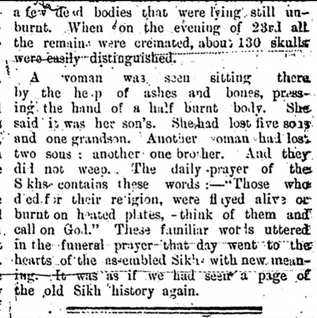 Photographs of the 21st February, 1921 funeral of the 140 Sikh martyrs killed by Mahant Narain Das in cold blood at Sri Nankana Sahib. 
According to the Tribune of Lahore, many Sikh women who had lost their sons and grandsons calmly sat and recited words from the Ardas prayer.