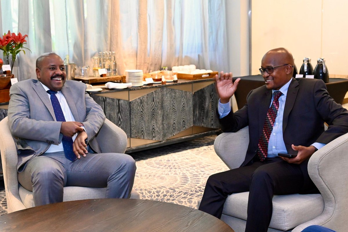 The Chief of Defence Forces UPDF, Gen Muhoozi Kainerugaba and his counterpart, the CDF Kenya Defence Forces, Gen Charles Muriu Kahariri, share a light moment at the EAC Chiefs of Defence meeting,  in Nairobi. The meeting discussed ways to end the crisis in Eastern DRC.