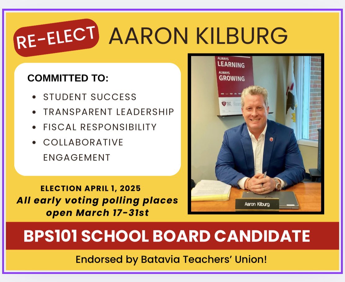 KilburgAaron's tweet photo. Thank you to the Batavia Education Association for your endorsement—I am deeply honored and grateful for your support.

@Andrew_Ray_ 
@BPS101 https://t.co/ukdNzNU2BG