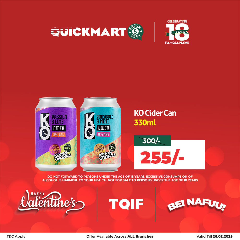 QuickmartKenya's tweet image. Uncork the night, stir up the fun, and let the good times flow. From bold to smooth, every pour is an adventure worth savoring. Karibu shopping.

*Offer validity as indicated at the bottom right of the image.

#TQIF
#HappyValentines
#18YearsPamojaNawe
#BeiNafuu
#FreshAndEasy