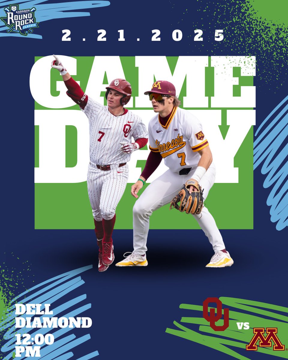 KarbachRRC's tweet photo. It’s finally here! ⚾️🔥
Game 1 of the Karbach Round Rock Classic is set‼️ Oklahoma takes on Minnesota at 12 PM at Dell Diamond—who’s ready for some elite college baseball? 👀🏟️
🎟️ Grab your tickets and don’t miss the action! #RRC24 #CollegeBaseball #karbach #chaous #minnesotabaseball