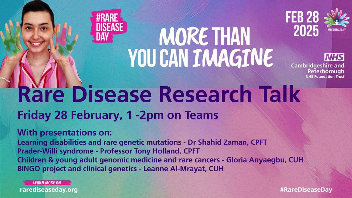 Research at CPFT (@cpft_research) on Twitter photo 📣 Everyone <a href="/CPFT_NHS/">CPFT</a> is invited to our #RareDiseaseDay talk next Friday at 1pm!
🔎 Learn about rare diseases with researchers and health professionals at CPFT & <a href="/CUH_NHS/">Cambridge University Hospitals NHS</a> presenting  projects to improve understanding, care & treatment of rare diseases:
➡️ intranet.cpft.nhs.uk/events/event/r… 📣 Everyone <a href="/CPFT_NHS/">CPFT</a> is invited to our #RareDiseaseDay talk next Friday at 1pm!
🔎 Learn about rare diseases with researchers and health professionals at CPFT & <a href="/CUH_NHS/">Cambridge University Hospitals NHS</a> presenting  projects to improve understanding, care & treatment of rare diseases:
➡️ intranet.cpft.nhs.uk/events/event/r…