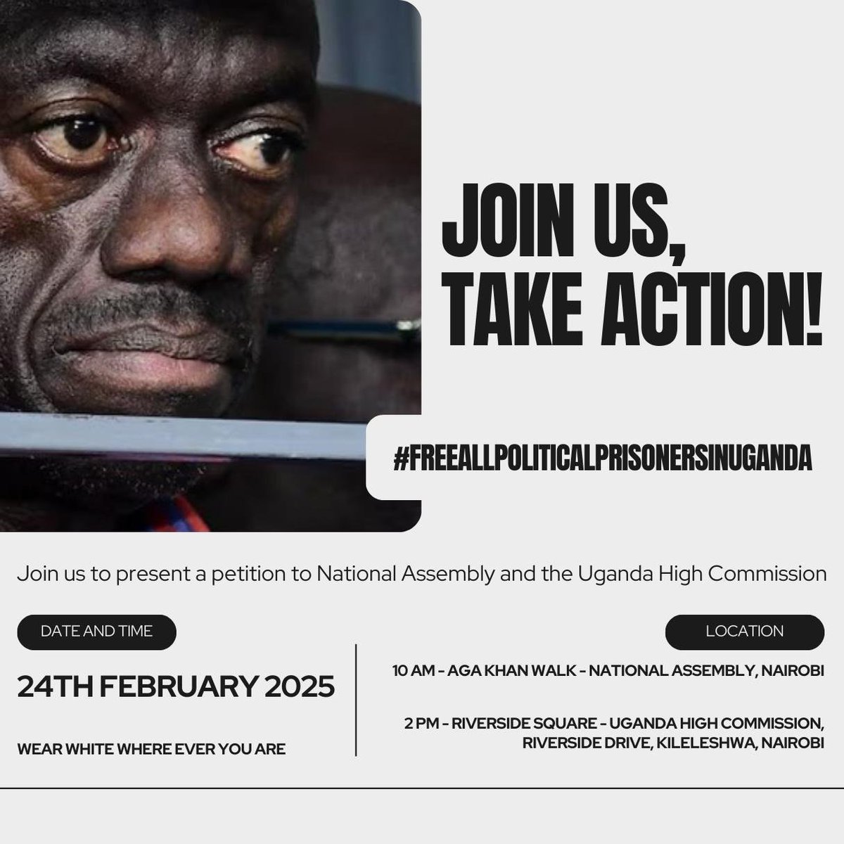 Authorities in #Uganda must immediately free Dr Kizza Besigye, Hajj Obeid Lutale and Eron Kiiza. Join us on Monday to call for #FreeKizzaBesigye #FreeEronKiiza #FreeHajjObeidLutale #FreeAllPoliticalPrisonersInUganda