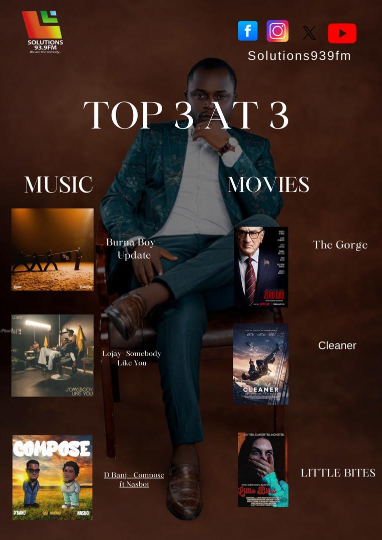 solutions939fm's tweet photo. Top 3 @ 3📻ON the FRIYAY SHOW WITH @Youngstriker9 X @DjOlex_SG @burnaboy @Lojaymusic @iamdbanj @iamnasboi #ZeroDays #Cleaner #LittleBites
#Top3Songs #MusicToVibeTo #NowWatching #FilmRecommendations https://t.co/3cz21MOOo0