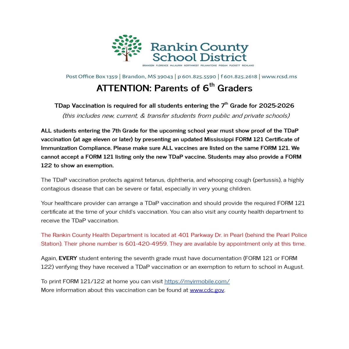 Important information for next year’s 7th Graders!