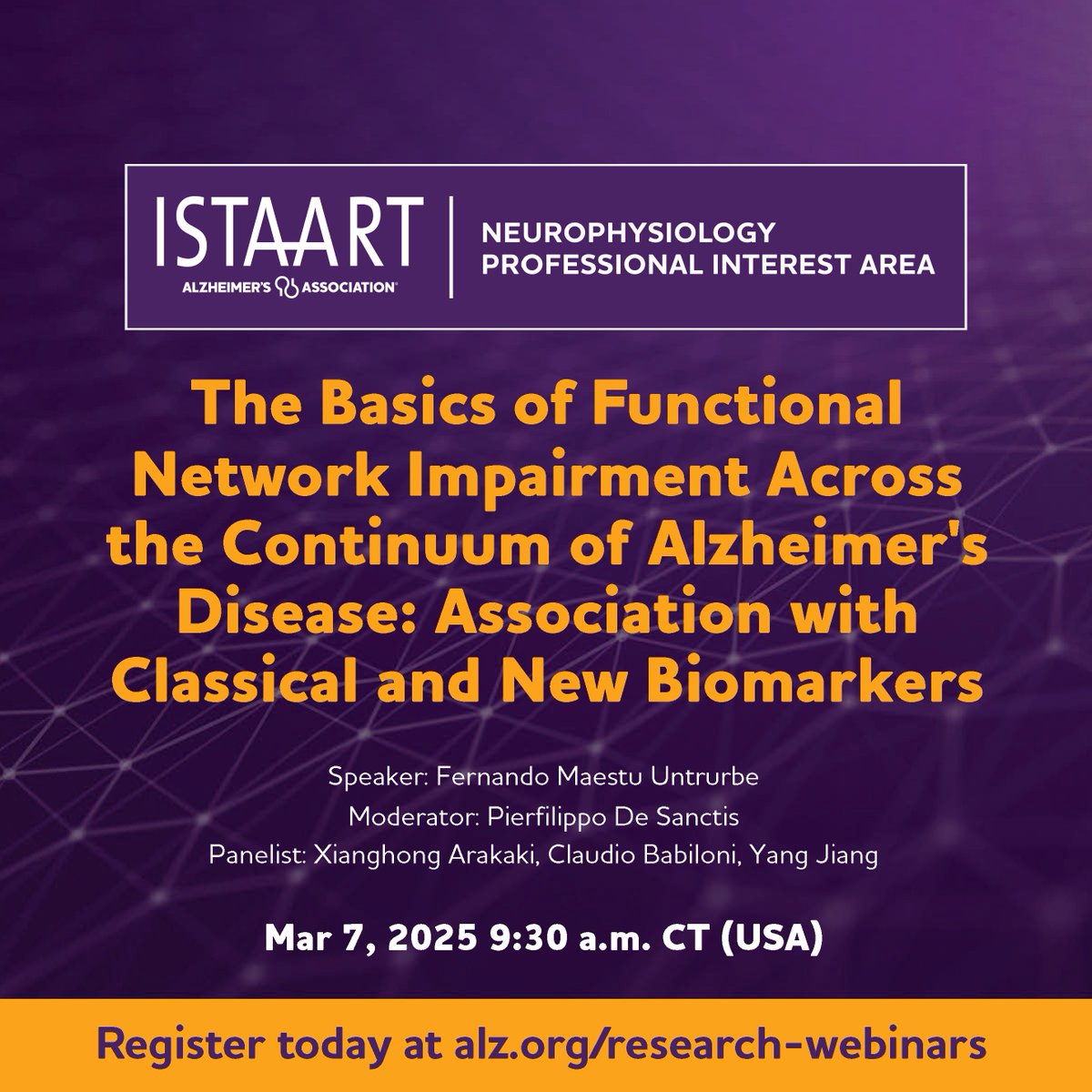 🚀 Don't miss out! Join us for an exclusive webinar on March 7th, 2025 9:30am CST 🗓️
🎯 Topic: The Basics of Functional Network Impairment Across the Continuum of Alzheimer's Disease: Association with Classical and New Biomarkers
🔗 Save your spot now: alz-org.zoom.us/webinar/regist…