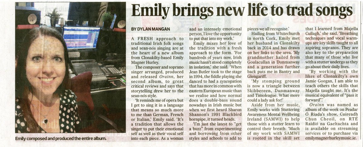 EmilyMagner's tweet image. Thanks to @SouthernStarIRL for featuring my album this week! 😀🎼🎧 #corksinger #irishsinger #acappella #harmonies #irishsong #seannós #westcork #studio #clonakilty #skibbereen #album #timoleague #dunmanway #gaeilge #gaeilgeoir #Glengarriff #bantry @RTERnaG @JamieGoogan
