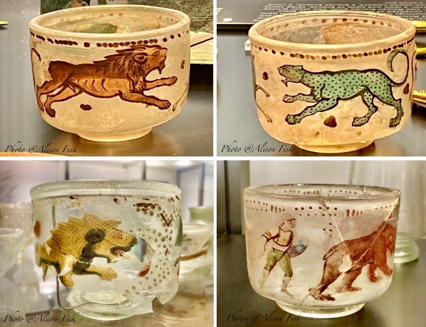 Gorgeous Roman glass cups decorated with colourful enamel-painted animals from the Roman arena. AD 200s.

Found in richly-furnished ‘princely’ graves in Denmark, where they are known as ‘circus beakers’. National Museum of Denmark 📷 by me

#FindsFriday
#Archaeology