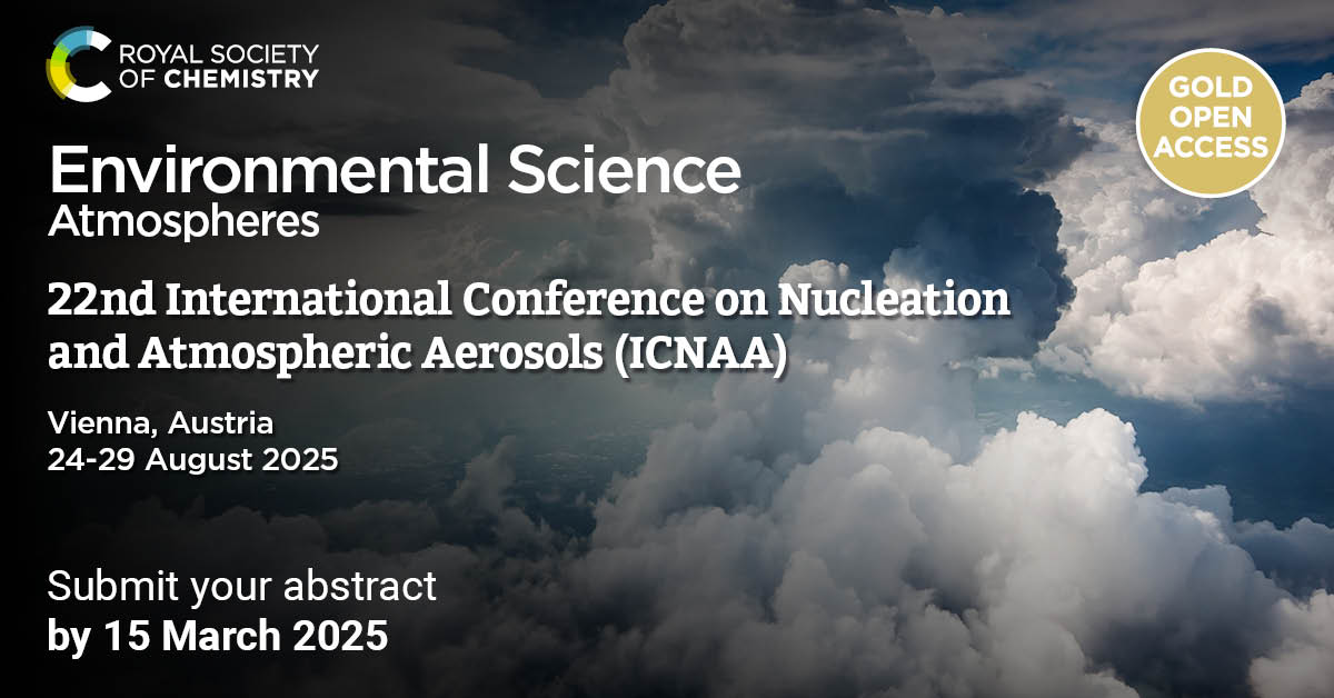 EnvSciRSC's tweet image. 📣We are pleased to support the upcoming International Conference on Nucleation and Atmospheric Aerosols (ICNAA) 🌍

A dedicated Themed Collection will be published in Environmental Science: Atmospheres #ESATMOS

Find out more: blogs.rsc.org/ea/2025/02/21/…