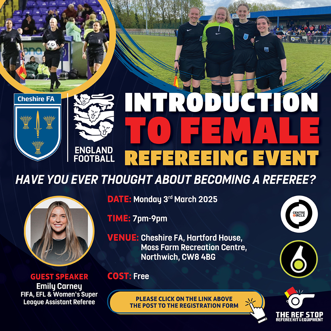 𝗜𝗻𝘁𝗿𝗼𝗱𝘂𝗰𝘁𝗶𝗼𝗻 𝗧𝗼 𝗙𝗲𝗺𝗮𝗹𝗲 𝗥𝗲𝗳𝗲𝗿𝗲𝗲𝗶𝗻𝗴 𝗘𝘃𝗲𝗻𝘁  

Don't miss our FREE event, where we'll be joined Emily Carney, FIFA, EFL &amp; WSL Assistant Referee!   

📍 Cheshire FA HQ  
📆 Monday 3rd March, 7pm-9pm  

Register ⬇️   

bit.ly/3EPU1Lp