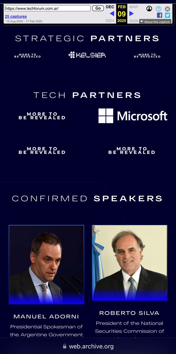 Estas imágenes que rescató <a href="/maxifirtman/">Maximiliano Firtman</a> y que borraron del sitio de TechForum 2025 para intentar hacer zafar a <a href="/madorni/">Manuel Adorni</a> del #Criptocurro revelan que el estafador Hayden Davis lo auspiciaba y que iba a disertar el jefe de la CNV, que debería cuidar a los inversores de robos así.