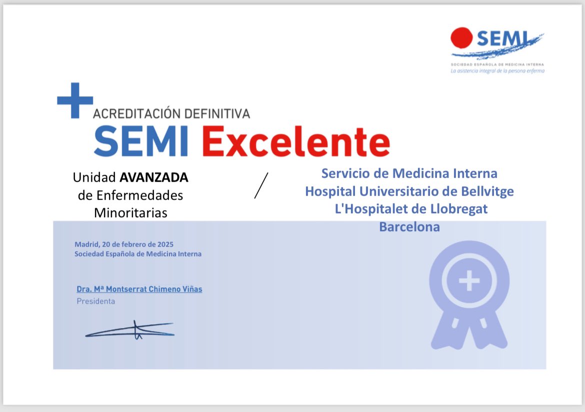 Estem molt contents, perquè <a href="/InternaHub/">Medicina Interna HUB</a> de l’<a href="/hbellvitge/">Hospital Universitari Bellvitge | HUB</a> hem rebut la màxima acreditació per part de la <a href="/Sociedad_SEMI/">Sociedad Española de Medicina Interna</a> en el maneig de les #MalaltiesMinoritàries, una notícia que ens enorgulleix molt compartir!