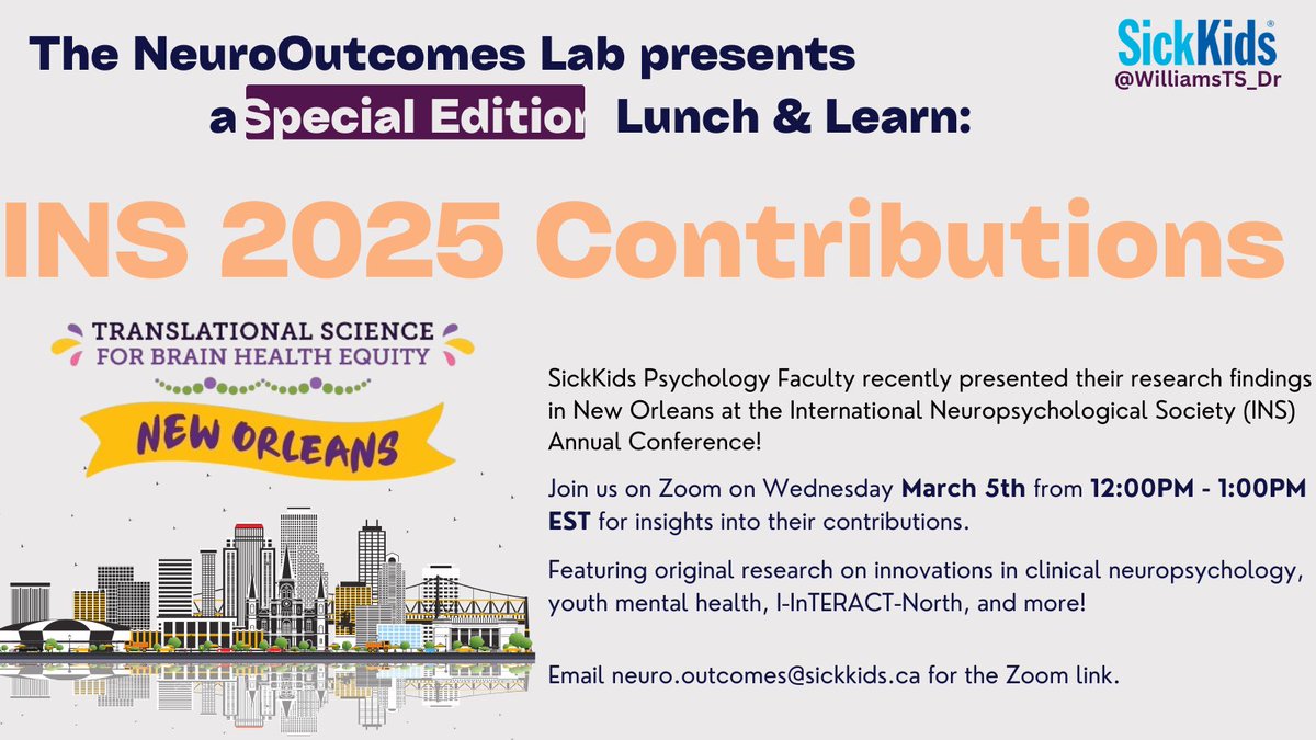 We are excited to host a special edition #LunchAndLearn highlighting #SickKids Psychology contributions at the International Neuropsychological Society (INS) Conference!
Join us on Wednesday, March 5th, 2025, from 12-1 PM EST as we share key insights from our presentations.