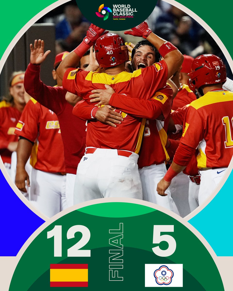Final: Spain 12, Chinese Taipei 5
Gabriel Lino celebrates with his teammates after hitting a 2-run home run. They are all wearing red Spain uniforms with yellow accents and numbers.