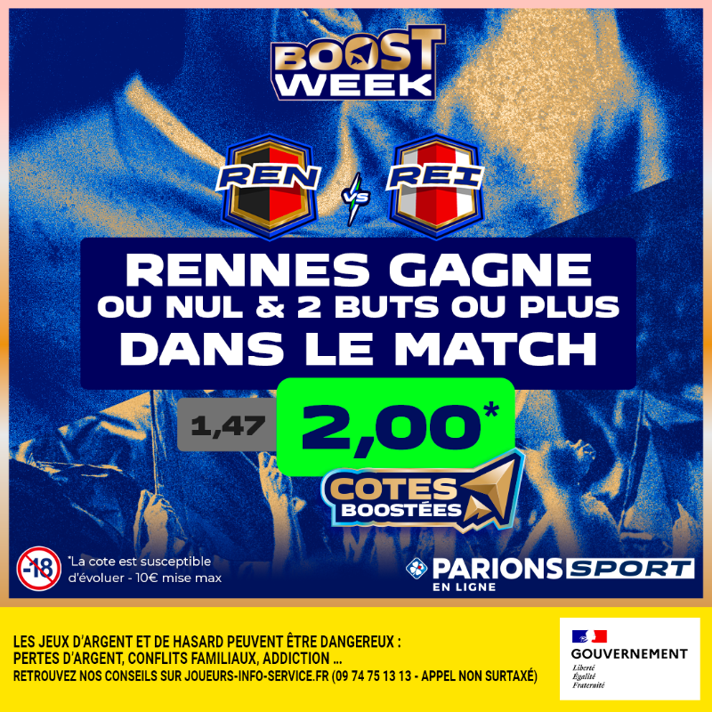 ParionsSport's tweet photo. 🚨 ALERTE #BOOSTWEEK ! 

Duel de bas de tableau en Ligue 1. Un match disputé avec des Rennais au-dessus des Rémois ? ⚽️🇫🇷