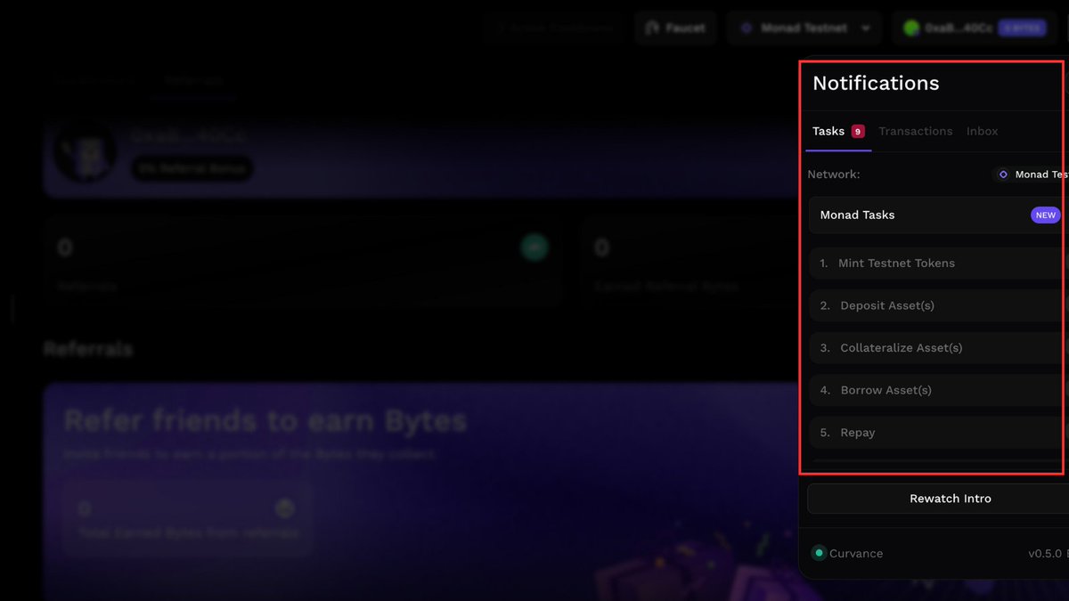 Tasks - Curvance

Curvance is a multi-chain testnet where you can lend, deposit, withdraw, and borrow funds. They raised $3.6M and will likely launch a token at some point why this could be a 2-in-1 Airdrop

▫️ Visit 🔗 monad.curvance.com/leaderboard/re… &amp; connect Monad testnet wallet

▫️