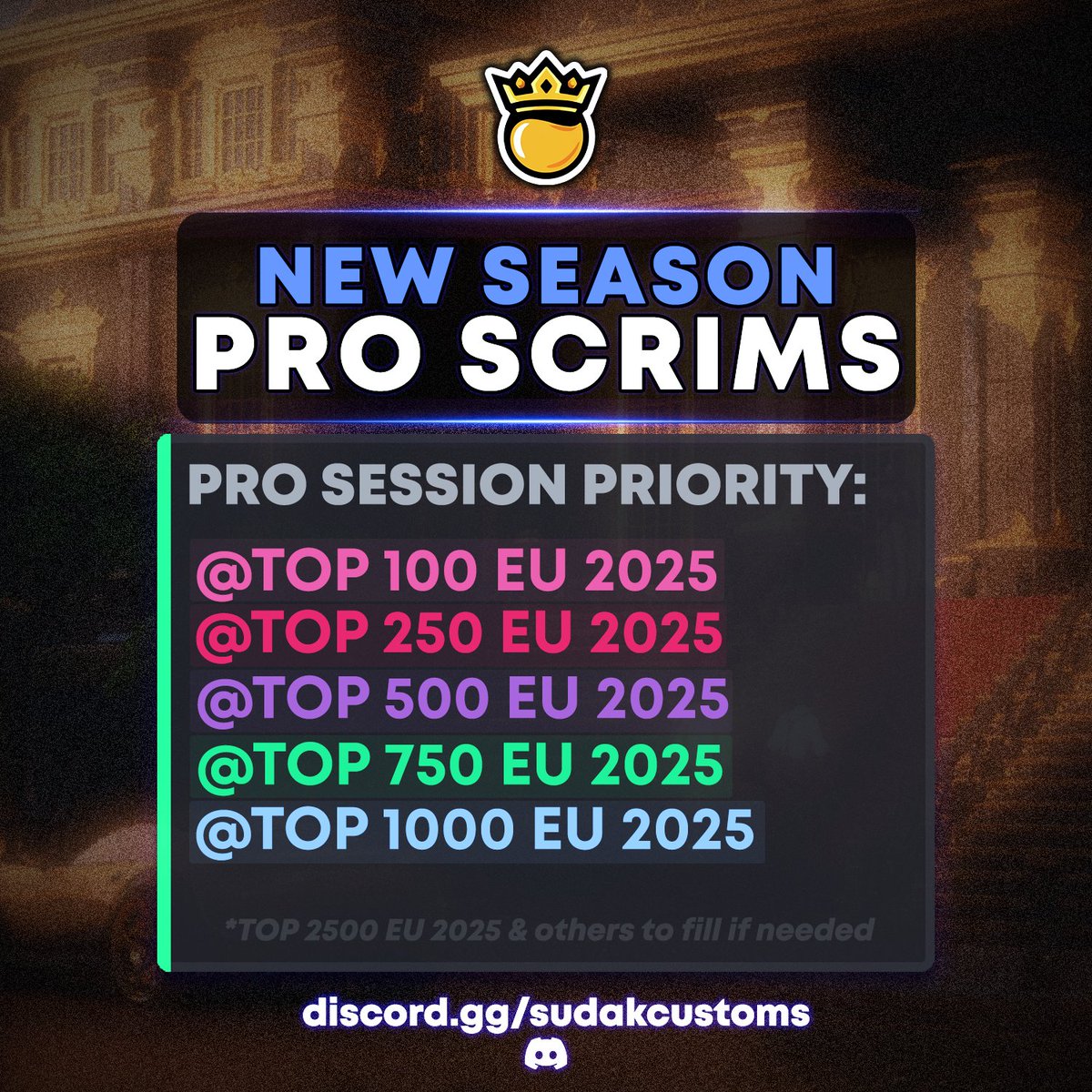 🚨 PRO SCRIMS TODAY 🚨

If you're in the Top 1000 EU 2025 and want quality practice, join up now! 💥
RT &amp; TAG PROS! 😈