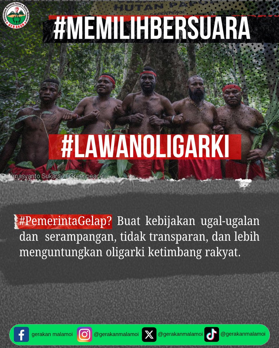 gerakanmalamoi's tweet photo. #MemilihBersuara
KITA HARUS MELAWAN DAN MEMILIH BERSUARA, KATAKAN DENGAN LANTANG. KAMI TAK AKAN DIAM! 

#kembalikansaputanahadat
#PapuaBukanTanahKosong
#lawanoligarki https://t.co/fZeoLAEW40
